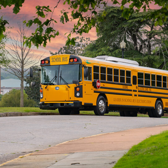 image of a yellow school bus during dawn on a small hill