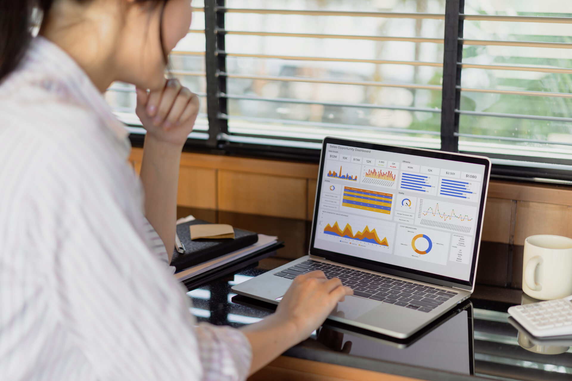 Advisor financial business analytics woman team analyzing data charts, graphs, and a dashboard on laptop screen. Data analysis concept.