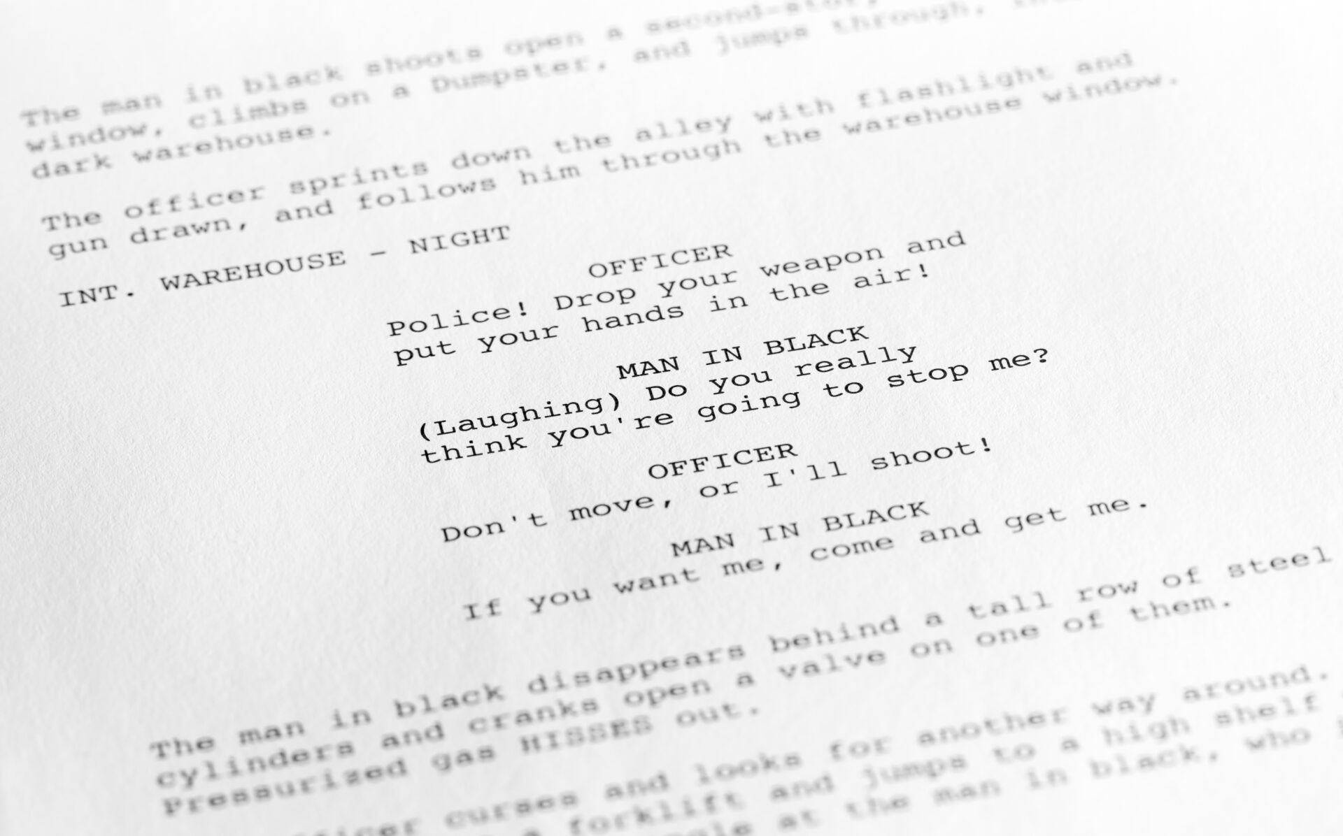 Close-up of a page from a screenplay or script in proper Hollywood format, with generic text written by the photographer to avoid any copyright issues.