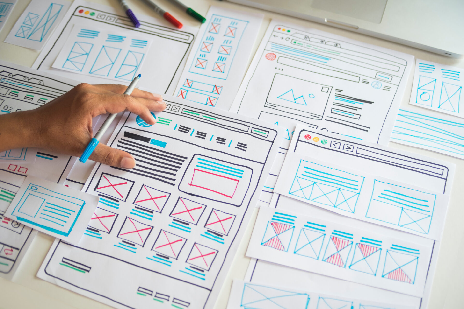 Website designer Creative planning application developer development draft sketch drawing template layout prototype framework wireframe design studio . User experience concept .