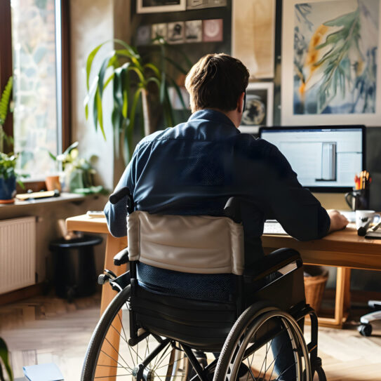 A back view of a man in a wheelchair working at a desk in a home office, surrounded by plants and natural light, depicts accessibility, productivity, diversity, and inclusion in the workplace.