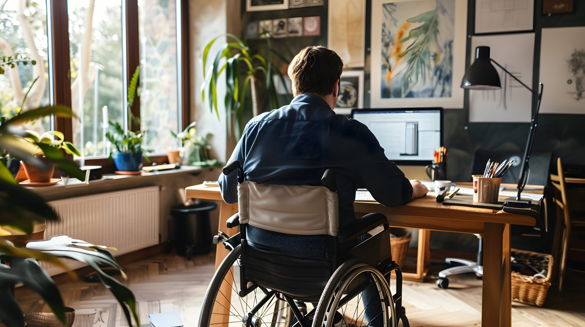 A back view of a man in a wheelchair working at a desk in a home office, surrounded by plants and natural light, depicts accessibility, productivity, diversity, and inclusion in the workplace.