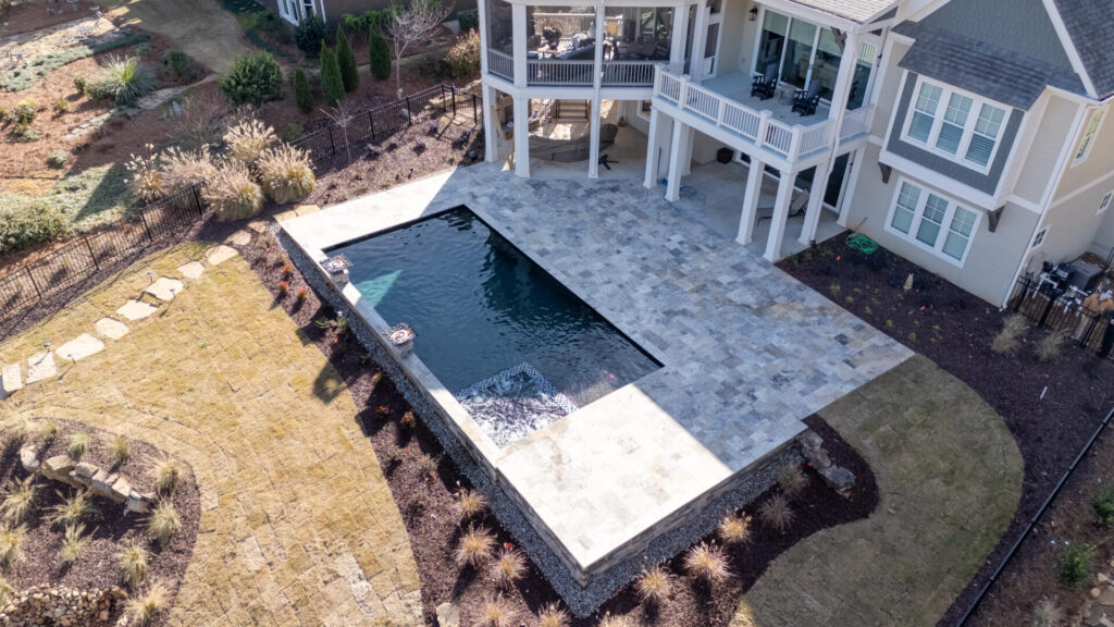 Aerial view of a new pool build by Lake Country Pools