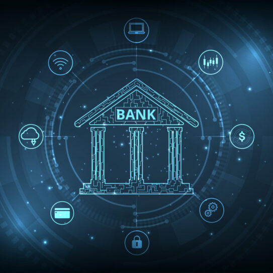 Online banking technology concept.Isometric illustration of bank on electric circuit lines background.Digital connect system.Financial technology concept.Vector illustration.EPS 10.