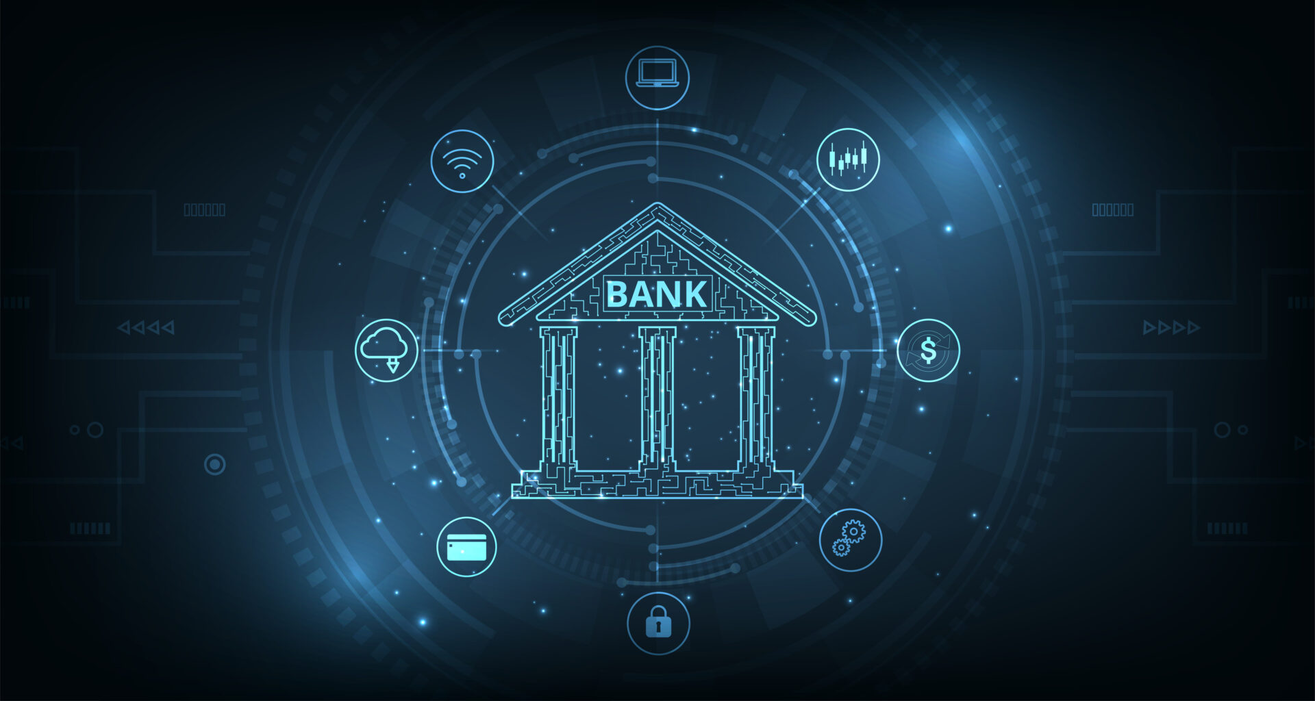 Online banking technology concept.Isometric illustration of bank on electric circuit lines background.Digital connect system.Financial technology concept.Vector illustration.EPS 10.