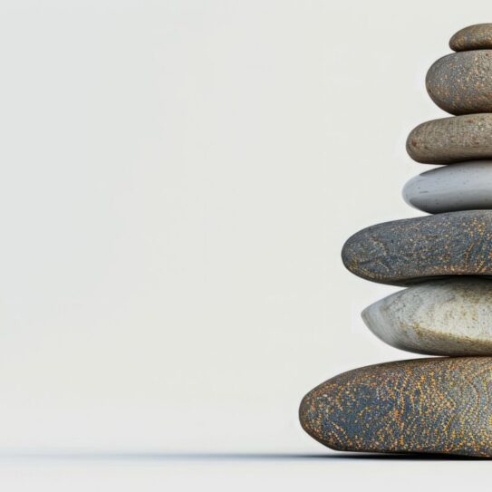 River rocks delicately balanced with copy space image on a white background