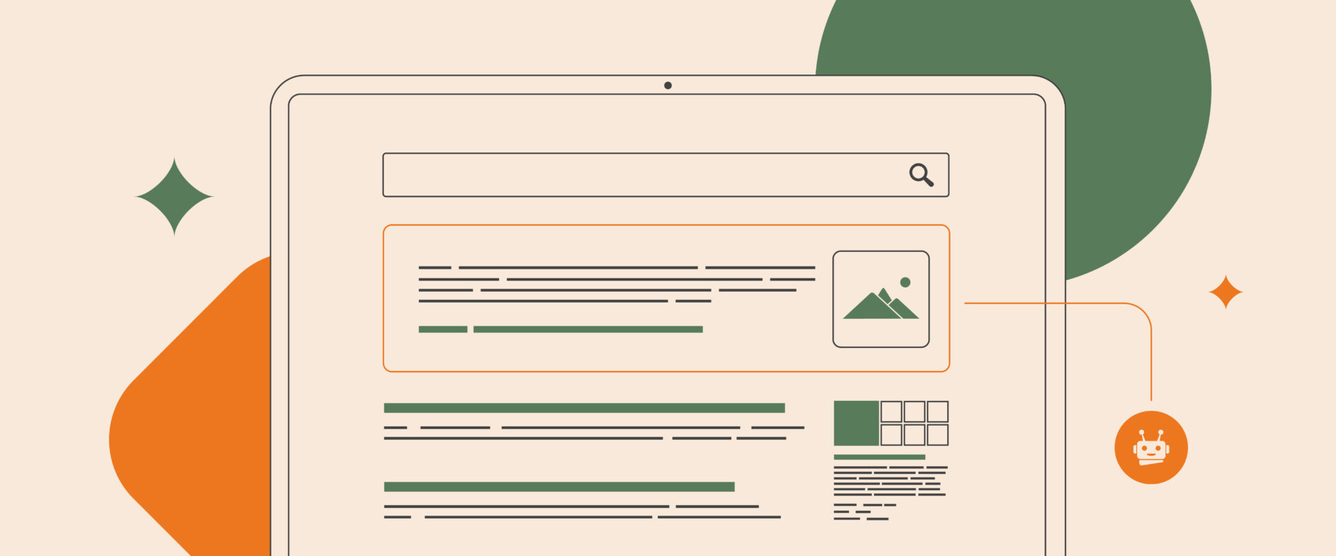 Search Generative Experience - AI search result concept. SGE - generative AI-powered search experience. Outline horizontal vintage color vector illustration, isolated on white background with icons